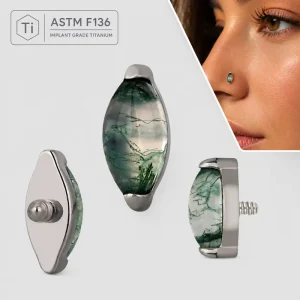 ASTM F136 Titanium Moss Agate Nose Stud Asscher Cut 14K Gold Plated Punk Style Internally Threaded Labret Piercing Jewelry