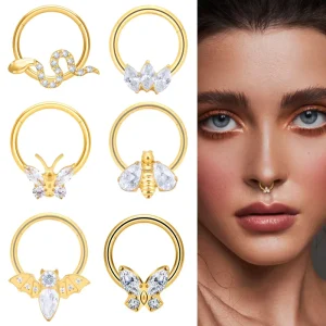 ASTM F136 Titanium Snakes Bees Bats Butterfly Zircon 16G Hoop Earring Clicker Nose Ring Fashion Body Piercing Jewelry
