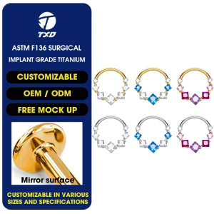 ASTM F136 Titanium Square Zircon Clicker Ring with Square CZ Nose Ring Body Piercing Jewelry