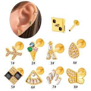 ASTM F136 Titanium Stud Earrings CZ Buttonfly Airplane Earlobe Stud Internally Thread Flat Back Earring Piercing Jewelry