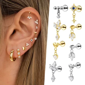 ASTM F136 Titanium Tassel Chain Dangle Ear Stud Earring CZ Helix Cartilage Conch Labret Lip Flat Back Piercing Body Jewelry