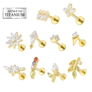 ASTM F136 Titanium Threadless Ends Flat Back Earring Labret Lip Stud Flower Leaf CZ Cartilage Body Piercing Jewelry