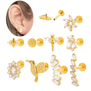 ASTM F136 Titanium Tragus Earrings Internally Thread Flat Back Stud Earring CZ Ear Lobe Cartilage Helix Piercing Jewelry