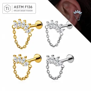 ASTM F136 Titanium Zircon Gold Plated Chain Cartilage Earring Flat Back Helix Tragus Piercing Jewelry for Engagement Wedding