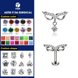 ASTM F136 Titanium Zircon Lip Stud Labret Pendant Internal Thread Body Piercing Jewelry Flat Back