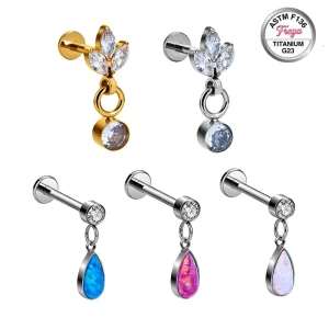 ASTM F136 Titanium Zircon Opal Dangle Ear Lobe Helix Devil Cartilage Stud Water Drop Pendant Earrings Labret Piercing Jewelry