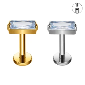 ASTM F136 Titanium Zircon Rectangle Internal Threaded Top Tragus Helix Earrings 18K Body Piercing Jewelry
