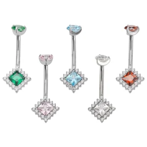 ASTM F136 Vintage Titanium Square Zircon Internal Thread Belly Button Ring with 12mm Bar Length Unisex Body Jewelry