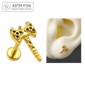 ASTMF136 Titanium Gold Plated Children’s Halloween Gothic Axe Internal Thread Ear Cartilage Piercing Jewelry 16g