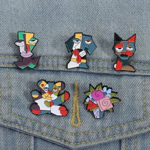 Abstract Artwork Paintings Cat Dog Brooch Enamel Pins Colorful Geometric Bear Flower Brooches Lapel Badge Jewelry