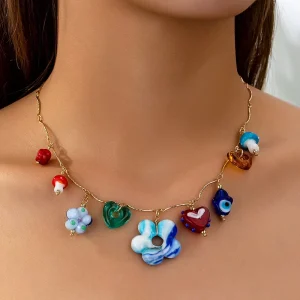Accessories 1 Strand Link Chain Fruit Flower Ceramic Cross Multi Pendant Sporty Women’s Fashion Charming Necklace