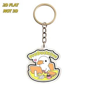 Acrylic Keychain Cute Duck at Desk with Laptop Coffee & Books Yellow Speech Bubble Design Double Sided Clear Charm