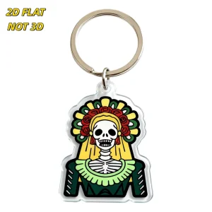 Acrylic Keychain with Calavera Skeleton Design Colorful Day of the Dead Art Durable Clear Pendant for Keys or Bag Accessory
