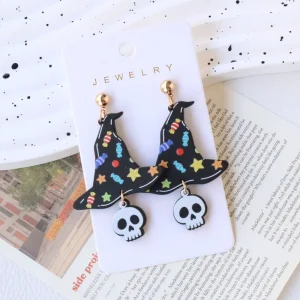 Acrylic Lacquered Halloween Wizard Hat Skull Personalized Candy Print Cute Women’s European American Cross Border Drop Earrings