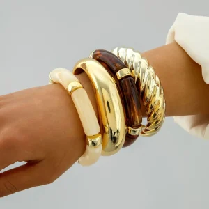Acrylic Resin Lucite Spiral Geometric Open Gold Bangle Retro Trendy High end Color blocking