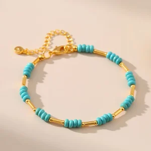 Adjustable 18K Real Gold Stainless Steel Beaded Bracelet for Women Casual Beach Style Rhodium Plated Jewelry Turquoise