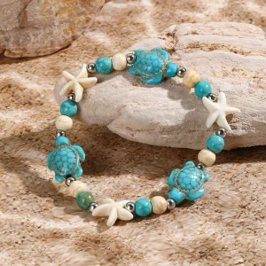 Adjustable Bohemian Turquoise Starfish Turtle Charm Bracelet Hand Woven Knotted Elastic Fashion Charm Bracelets