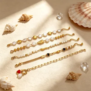 Adjustable Fashion Plated 18K Gold Chain & Pearl Charm Bracelet with Stainless Steel for Women Jewelry Gift