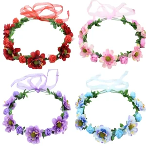 Adjustable Floral Headbands for Women Girls & Teens Ribbon Flowers Crown Garland for Fashion & Party Use