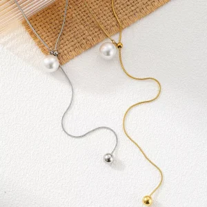 Adjustable Pearl Tassel Necklace Gold Plated Stainless Steel Long Sweater Chain