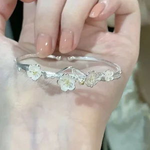 Adjustable Silver Tone Bracelet for Women Open Bangle with Cherry Peach Blossom Pendant for Weddings and Parties
