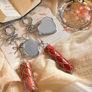 Adjustable Stainless Steel Heart Mesh Net Lip Gloss Lip Holder Case Keychain Cute Cherry Style Makeup Mirror Lipstick Keyring