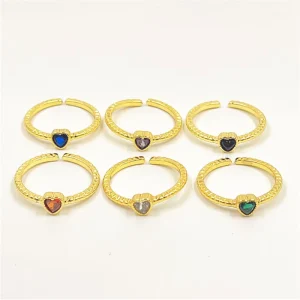 Adjustable Vintage Fashion Rings Multiple Color Heart Open Rings Brass Gold Zircon Rings for Women