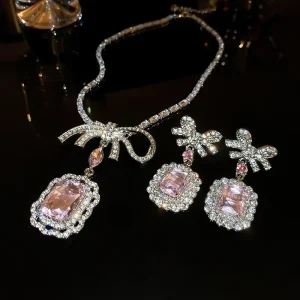 Advanced Fashion Jewelry Rhinestone Zircon Square Bow Necklace Earrings Jewelry Sets