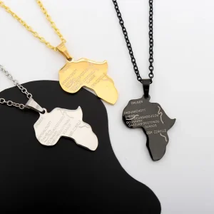 Africa Map Pendant Necklace 316L Stainless Steel 18K Gold Silver Black Plated Thin Cable Chain Statement Jewelry