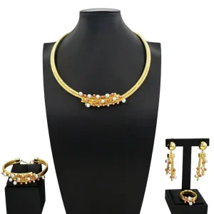 African Italian Gold Plated Jewelry Set Bold Ribbed Twisted Geometric Choker for Women Wedding Banquet HS26006