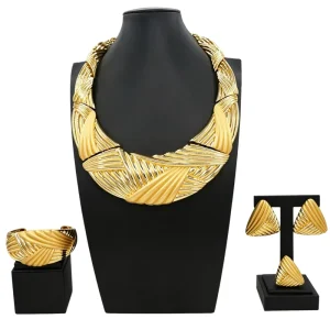 African Italian Gold Plated Jewelry Set Bold Ribbed Twisted Geometric Choker for Women Wedding Banquet I0057