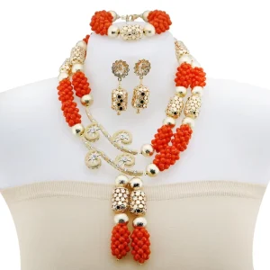 African Red Bead Jewelry Set Necklace Earrings