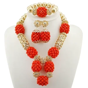 African Red Crystal Bead Jewelry Set Floral Design Nigerian Bridal Necklace