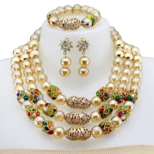 African Style Gold Plated Necklace Set Luxury Red Rose Carved Beaded Jewelry Set Ideal for Parties YLT130