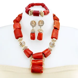 African Traditional Wedding Jewelry Set Nigerian Bridal Coral Necklace & Earrings Set for Wedding Party YL131
