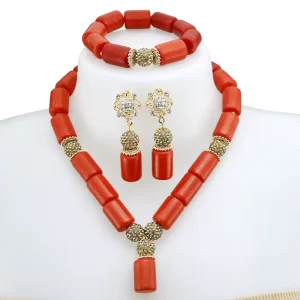 African Traditional Wedding Jewelry Set Red Beaded Necklace Earring Set with Floral Carving & Gold Filigree YL136