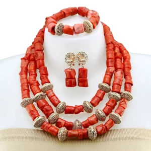 African Traditional Wedding Jewelry Set Red Coral Beads with Gold Accents Rose Carving for Brides YL3123