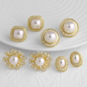 AliExpress Cross Border Bestseller Women’s Pearl Geometric Stud Earrings Copper Real Gold Plating Zircon Inlay Earrings