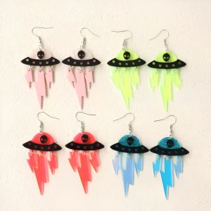 Alien UFO Lightning Acrylic Dangle Hook Earrings Multi Color Funny Outer Space Cartoon Drop Earrings Y2K Trendy Jewelry
