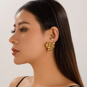 All-Match Women’s Gold Plated Multi-Ball Stud Earrings Geometric Pattern Pearl Mental Jewelry