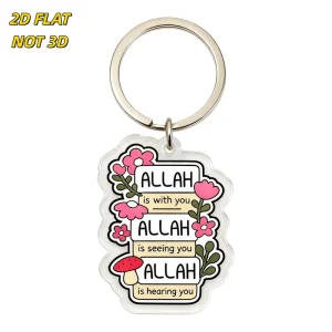 Allah Is With You Floral Acrylic Keychain Inspirational Islamic Faith Charm with Pink Flowers and Mushroom for Keys Bags