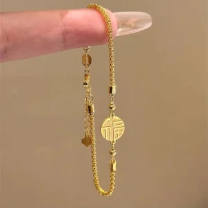 Alloy 18K Gold Plated Fu Character Bracelet Chinese Lucky Symbol Box Chain Adjustable Heart Charm Women Fashion Jewelry