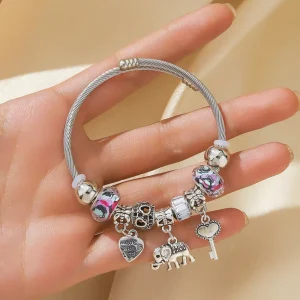 Alloy Accessory Beaded Elephant Heart Pendant with Stainless Steel Bracelet Fashion Charm Bracelets