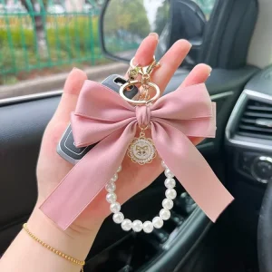 Alloy Big Bow Key Chain Pearl Pendant Handmade Color Woven Ribbon Charm Bag Decoration Accessories