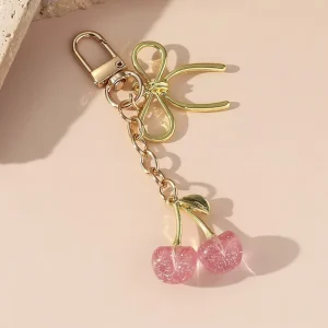 Alloy Cherry Bag Charm with Golden Key Chain Glitter Resin Purse Charm for Bags Fashion Accessories