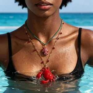 Alloy Crab Pendant Stackable Necklace with Painted Red Crab Design