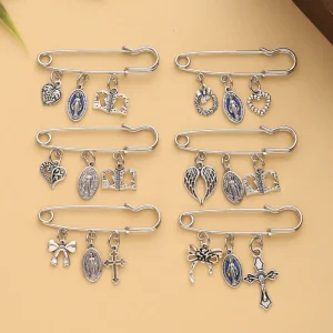 Alloy Cross Wing Heart Charms Safety Pin Brooch Multi Style Optional Metal Craft Fashion Clothing Decorative Lapel Pin Ornament