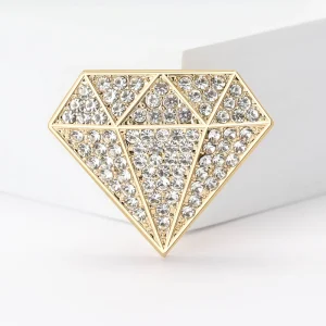 Alloy Diamond Shaped Brooch, Gold Tone Full Rhinestone Lapel Pin, Sparkling Crystal Elegant Women’s Fashion Decorative Jewelry