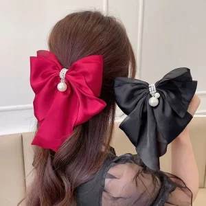 Alloy Fabric Solid Color Pearl Pendant Bow Hairpin Korean Temptation Top Spring Clip High Sensitivity Back Head Hair Accessory