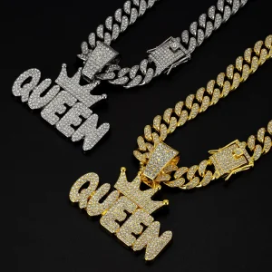 Alloy Full Diamond Crown QUEEN Letter Pendant Cuban Necklace Hip Hop Trendy Men’s Accessory